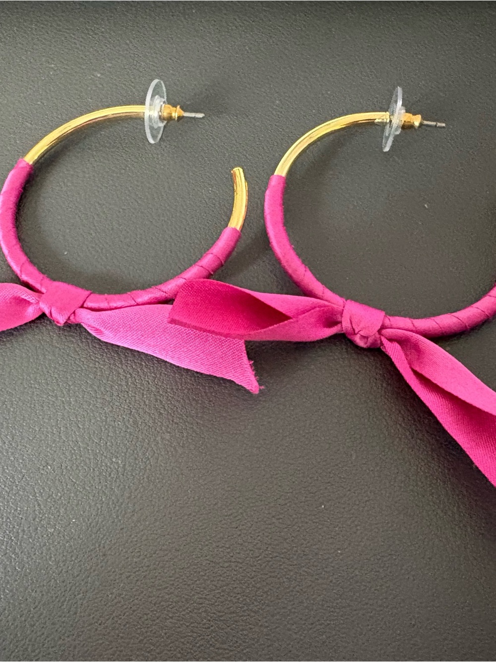 J crew Gold Hoop Earrings with Fuchsia Pink Bow Accent